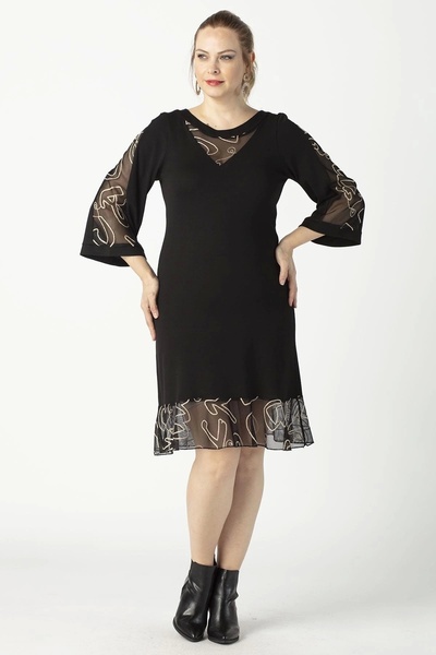 Moda Berray 1957 Siyah Etek Ve Kol Fileli Desenli Esnek Büyük Beden Triko Elbise