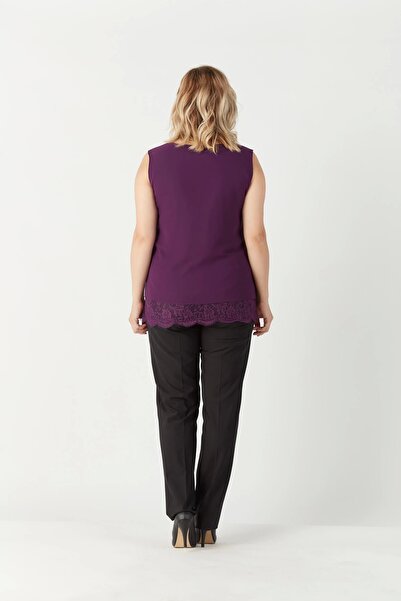 Moda Berray 3207 Etek Ucu Dantelli Şifon Büyük Beden Şık Bluz Mürdüm