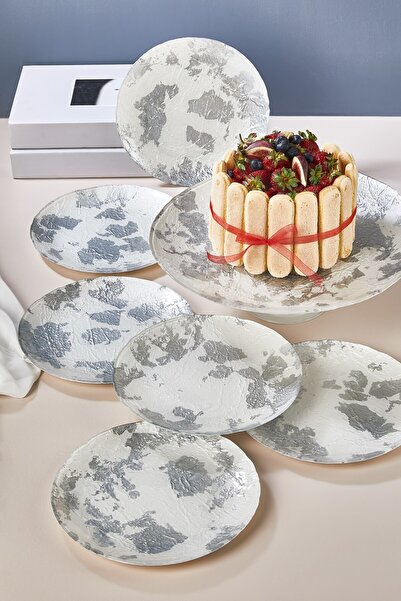 Lora Bianca Marmo White-Silver 7 Piece Cake/Cake/Dessert Presentation Plate Set
