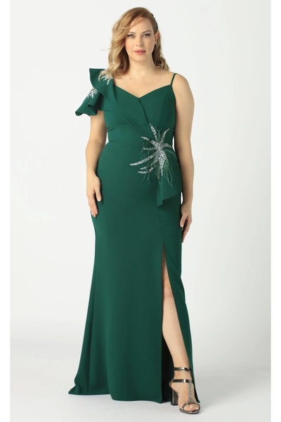 Moda Berray 21927 Yeşil Omuzu Iki Katlı Beli Taş Işlemeli Kadın Büyük Beden A...