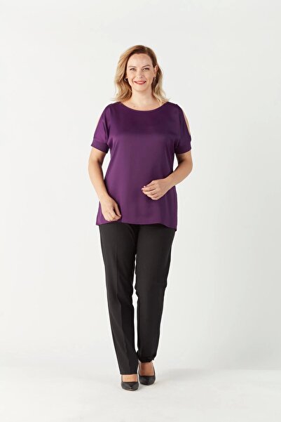 Moda Berray 3235 Açık Omuz Detaylı Saten Büyük Beden Şık Bluz Mürdüm