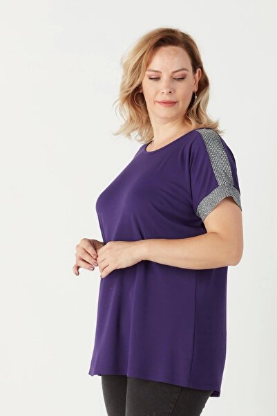 Moda Berray 3236 Parlak Omuz Detaylı Esnek Büyük Beden Şık Bluz Mor