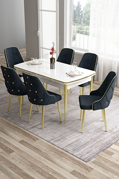 Canisa Tia Serisi 80x132 Açılabilir Mdf Beyaz Gold Detay Mutfak Masa Takımı Ve 6 Antrasit Sandalye
