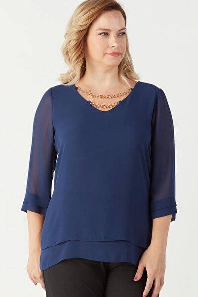 Moda Berray 1935 Zincir Yakalı Şifon Büyük Beden Şık Bluz Lacivert
