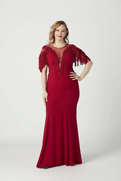 Moda Berray 8009 Işlemeli Püsküllü Büyük Beden Uzun Abiye Kırmızı