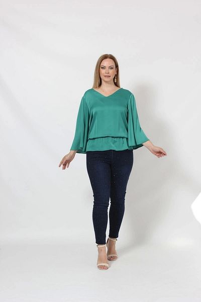Moda Berray 3183Y Green Elastic Waist Loose Sleeve Blouse