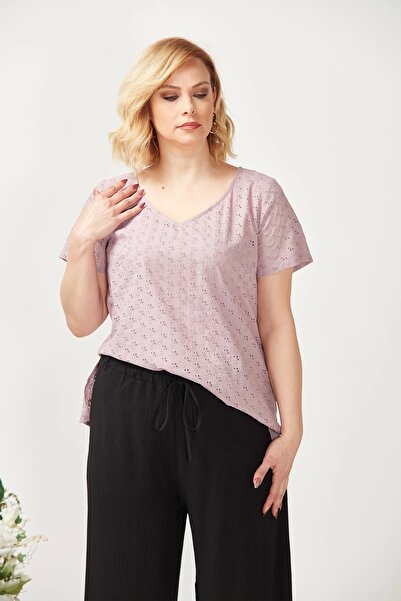 Moda Berray 3204 Fistolu Kısa Kollu Büyük Beden Şık Bluz Lila