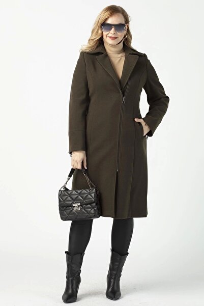 Moda Berray 928 Haki Ön Kol Fermuar Detaylı Büyük Beden Kaşe Kaban