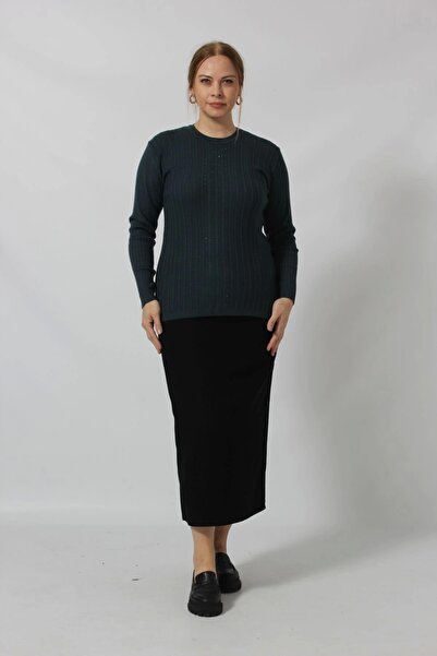 Moda Berray Taş İşleme Detaylı Çizgi Örgü Desenli Kazak