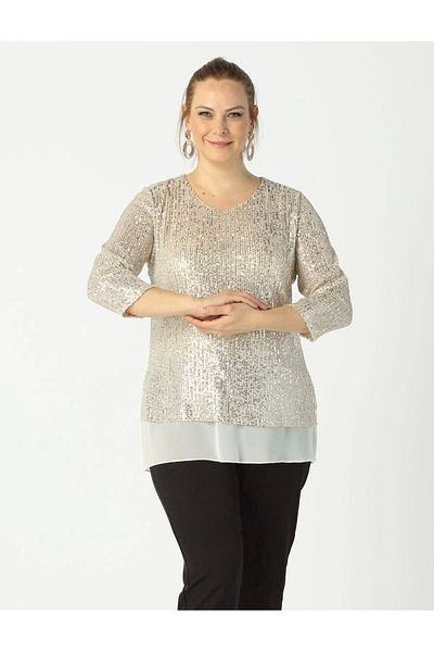 Moda Berray 28034 Sequin Plus Size Blouse Beige