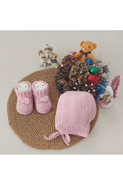 BEGİN Pink Cotton Lora Hat for 0-12 Months Baby - Newborn Gift Booties