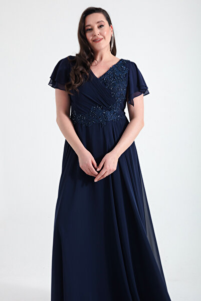 Lafaba Női sötétkék duplasoros ékköves hosszú sifon estélyi ruha