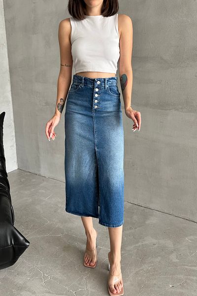 XRAY JEANS Fusta de denim lungă albastru deschis, cu nasturi, din bumbac