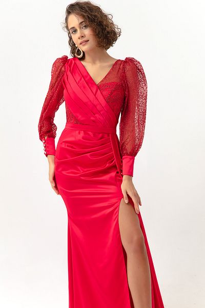 Lafaba Women's Red Double Breasted Collar Glittery Long Satin Evening Dress