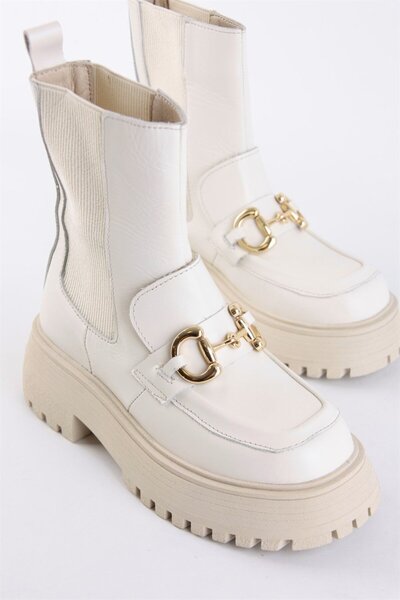 NILUFARR Γυναικείες μπότες Mickey Beige από γνήσιο δέρμα με χοντρή σόλα