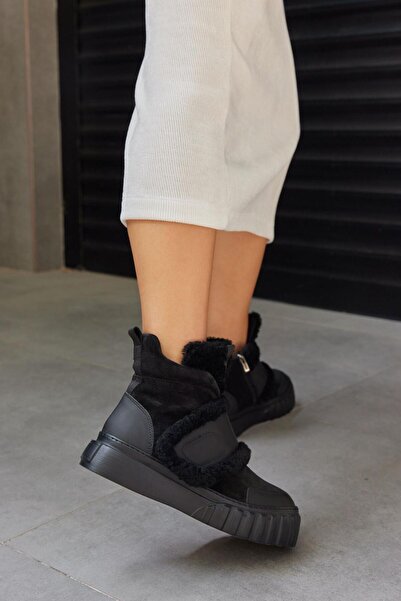 NILUFARR Oslo Siyah Süet Hakiki Deri Kürklü Kadın Spor Bot