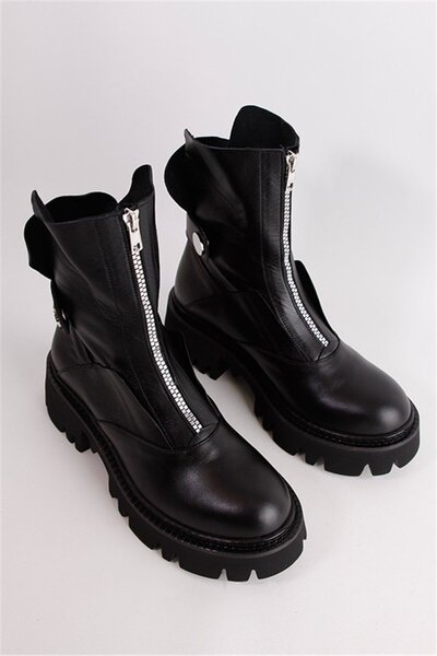 NILUFARR Cizme de damă cu talpă groasă, din piele naturală, neagră, cu fermoar