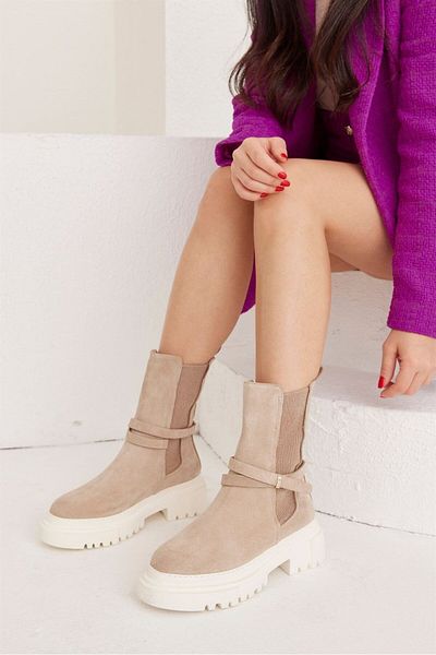 NILUFARR Γυναικείες μπότες Mayara Beige Suede Δερμάτινες Χονδρές Σόλα