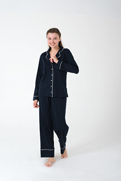 Kyron Női sötétkék hosszú ujjú, gombos pizsama szett - puha és kényelmes anyagból