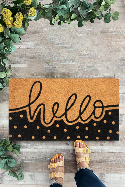 KARMAT Hello, Home, Decorative Interior Exterior Door Mat, Black Spotted Mat