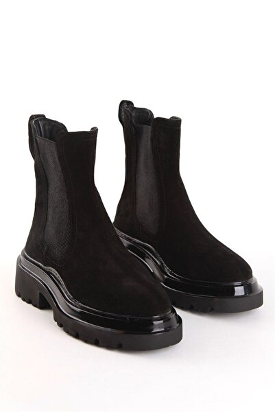 NILUFARR Cizme de damă cu talpă groasă din piele de căprioară autentică neagră închisă