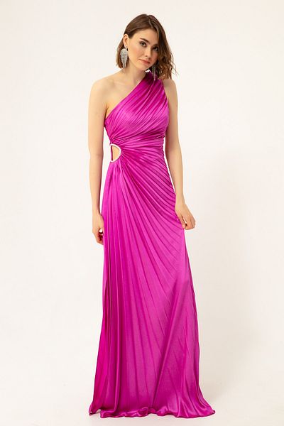 Lafaba Women's Fuchsia One-Shoulder Low-cut Long Evening Dress