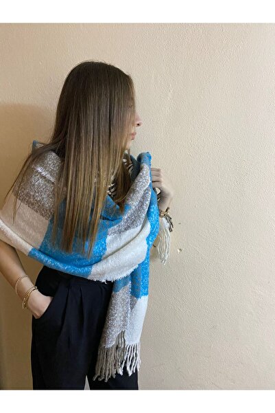 sema aksesuar Γυναικείο Φουλάρι Χειμερινό Μπλε Καρό Μπουκλ Σάλι - Δώρο