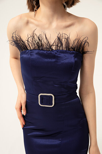 Lafaba Női sötétkék pánt nélküli sellő estélyi ruha kőövvel