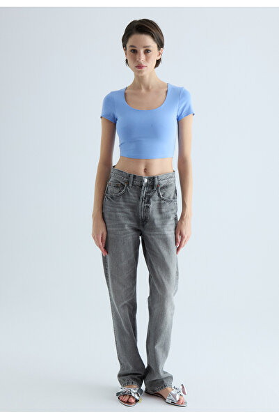 TUBİA Γυναικείο κοντομάνικο μπλουζάκι με τετράγωνο γιακά σε μπλε χρώμα