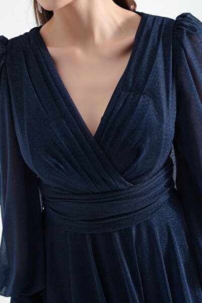 Lafaba Női sötétkék V-nyakú, csillogó, hosszú estélyi ruha