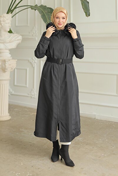 Armine TREND ARMİNE TREND Şapkası Kürklü Beli Kemerli Kap Siyah 23KT733