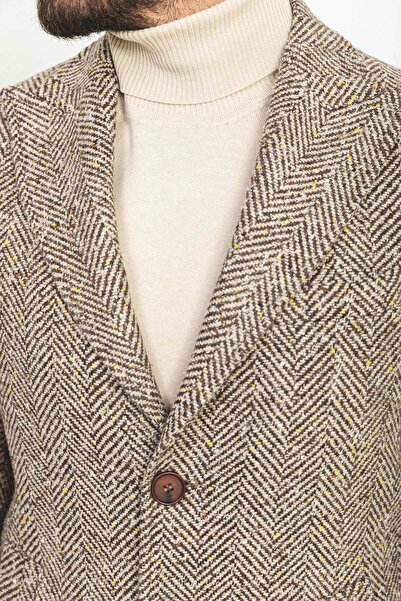 Mcr Desenli Slim Fit Geniş Yaka Yün Erkek Kaban Bej - 21253.22K