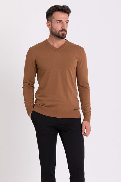 Mcr Plain Slim Fit V-Neck Men's Sweater Camel - 11356.21K
