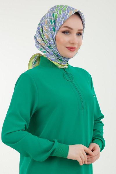 Armine 24yt436 Green Women's Ribbed Half Zipper Crepe Fabric Comfortable Cut 100% Polyester Tunic