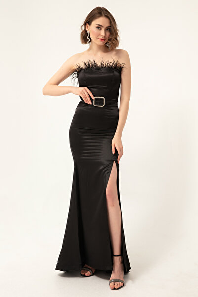 Lafaba Dámské černé večerní šaty bez ramínek s páskem z rybího ocasu