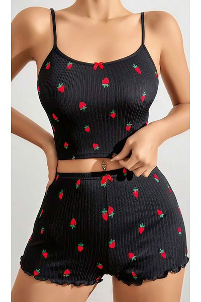 Mishka Women's Strawberry Print Black Shorts Pajamas Set