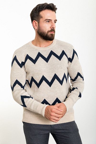 Mcr Ανδρικό πλεκτό πουλόβερ με μοτίβο Slim Fit Crew Neck Beige-navy blue - 11461.23k