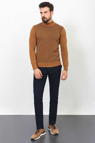 Mcr Checkered Slim Fit Half Turtleneck Men's Sweater Camel - 11403.22K