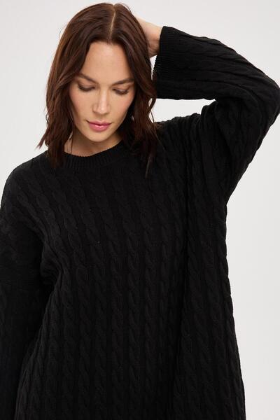 EAFFEL KADIN SİYAH BİSİKLET YAKA SAÇ ÖRGÜLÜ TRİKO ELBİSE