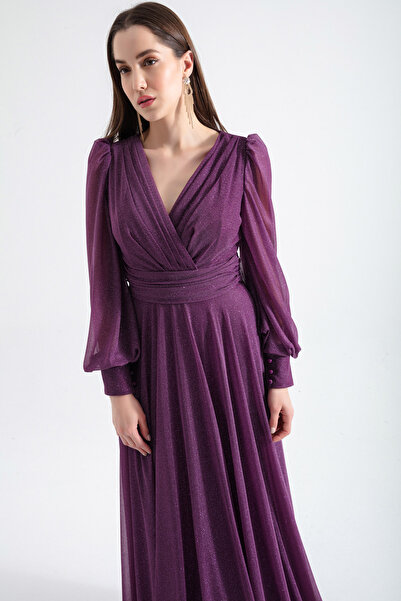 Lafaba Damska śliwkowa, brokatowa, długa suknia wieczorowa z dekoltem w kształcie litery V