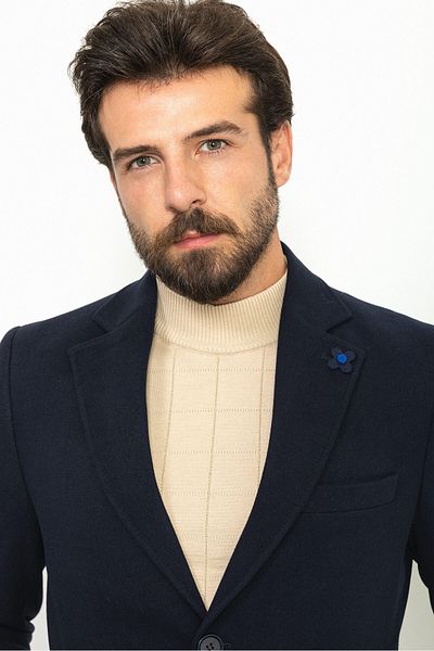 Mcr Straight Slim Fit Mono Collar Classic Wool Men's Coat Navy Blue - 21208.20K