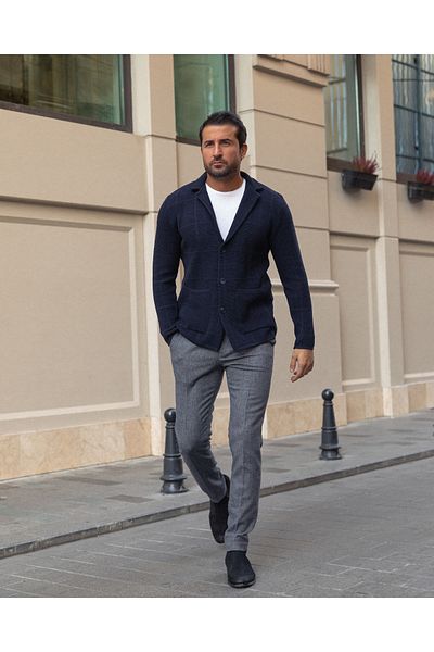 Mcr Checkered Pocket Slim Fit Men's Knitwear Jacket Navy Blue - 11225.21K