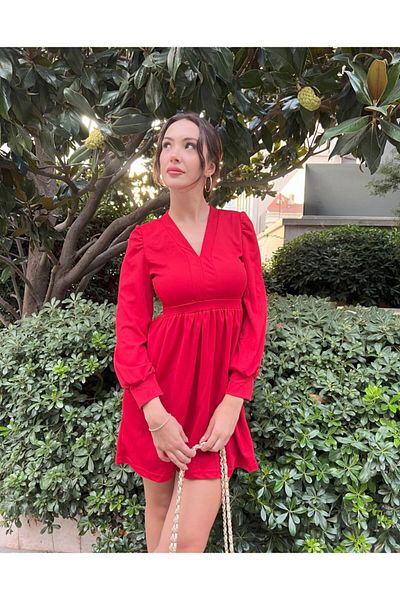 Moka Shopin Mokashopin Women's Long Sleeve V Neck Lightweight Waist Pleated Scuba Crepe Mini Length Dress