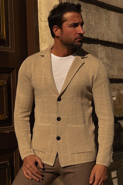 Mcr Checkered Pocket Slim Fit Men's Knitwear Jacket Beige - 11225.21K