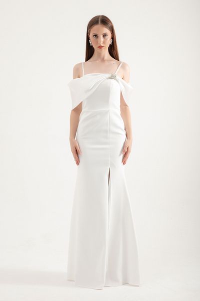 Lafaba White Jewelled Satin - Boat Neck Long Women's Evening Dress