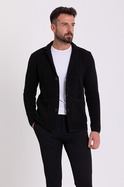 Mcr Checkered Pocket Slim Fit Men's Knitwear Jacket Black - 11225.21K