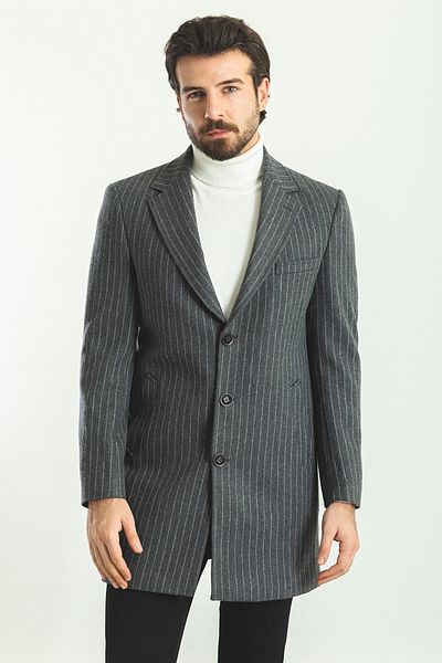 Mcr Striped Slim Fit Mono Collar Wool Men's Coat Anthracite - 21263.22K