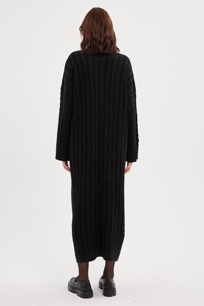 EAFFEL KADIN SİYAH BİSİKLET YAKA SAÇ ÖRGÜLÜ TRİKO ELBİSE