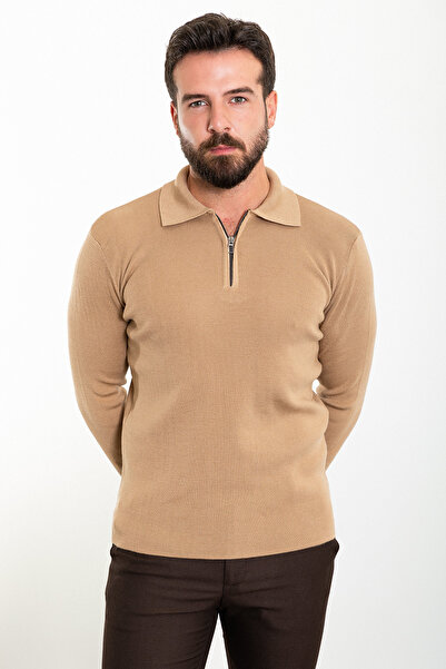 Mcr Прямий Slim Fit на блискавці з поло-коміром чоловічий трикотажний светр камельного кольору - 11464.23K