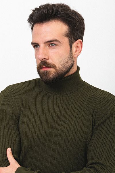 Mcr Striped Slim Fit Half Turtleneck Wool Men's Sweater Khaki - 11391.22K